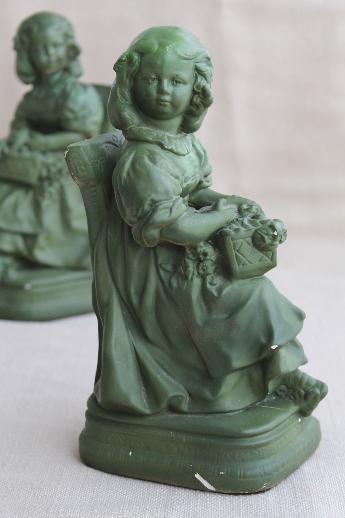 photo of shabby vintage chalkware flower girl figurines, plaster bookends w/ old green paint #4