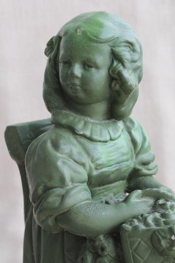 photo of shabby vintage chalkware flower girl figurines, plaster bookends w/ old green paint #10