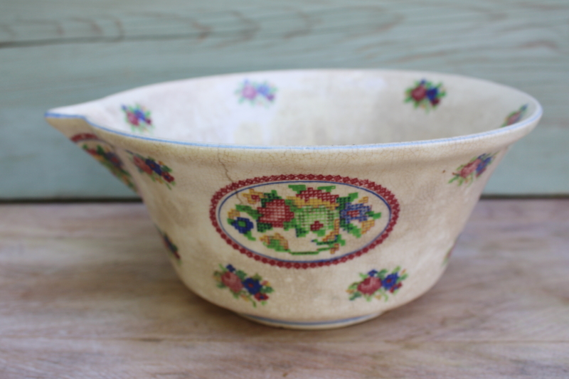 photo of shabby vintage china, browned crackle crazed mixing bowl w/ petit point floral #1