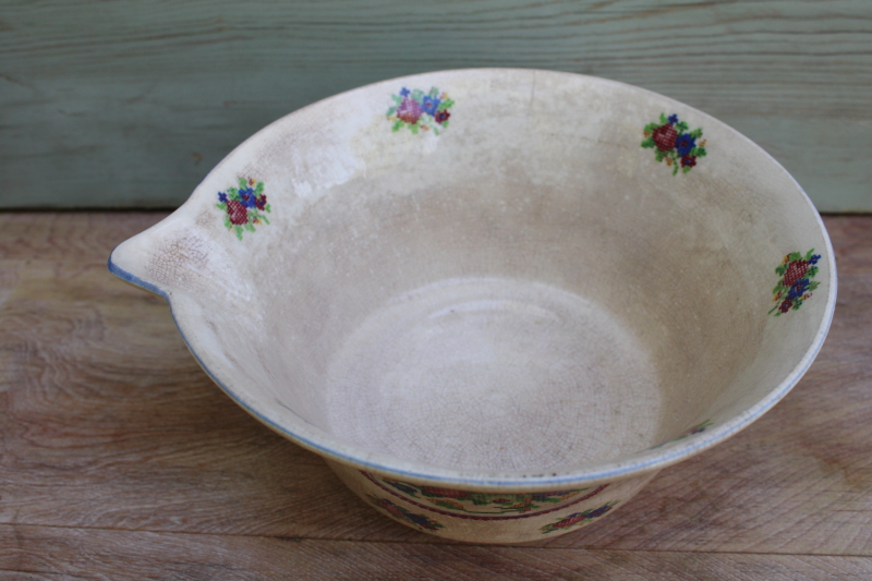 photo of shabby vintage china, browned crackle crazed mixing bowl w/ petit point floral #2