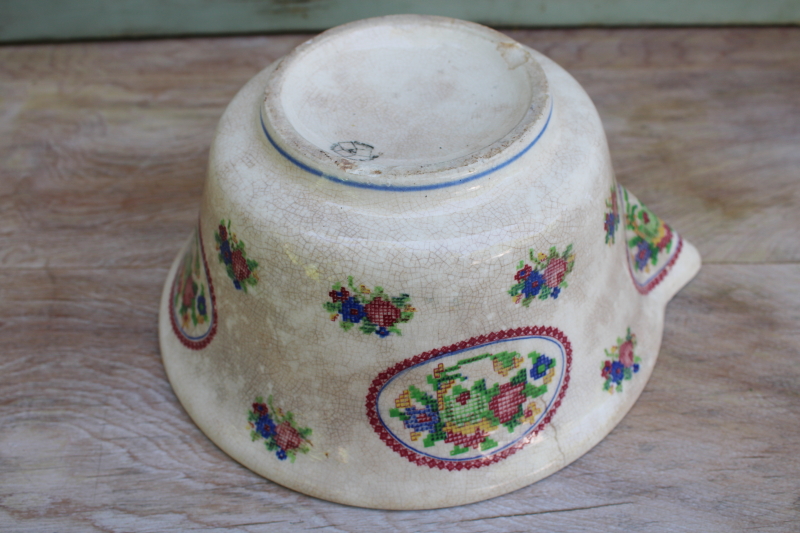 photo of shabby vintage china, browned crackle crazed mixing bowl w/ petit point floral #4