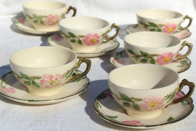 photo of shabby vintage china cups & saucers for teacup planters or garden art, Franciscan Desert Rose #1