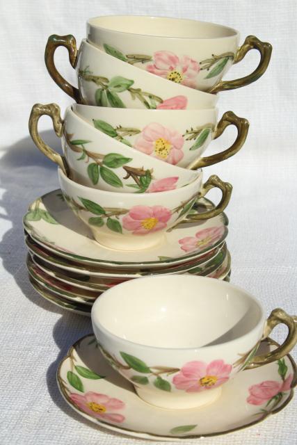 photo of shabby vintage china cups & saucers for teacup planters or garden art, Franciscan Desert Rose #2