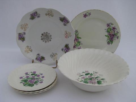 photo of shabby vintage china plates, big bowl, purple violets floral #1