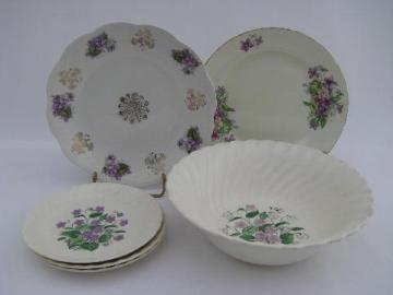 catalog photo of shabby vintage china plates, big bowl, purple violets floral