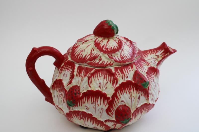 photo of shabby vintage cottage majolica style teapot, strawberry leaf hand painted Portugal pottery #1