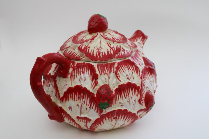 photo of shabby vintage cottage majolica style teapot, strawberry leaf hand painted Portugal pottery #3