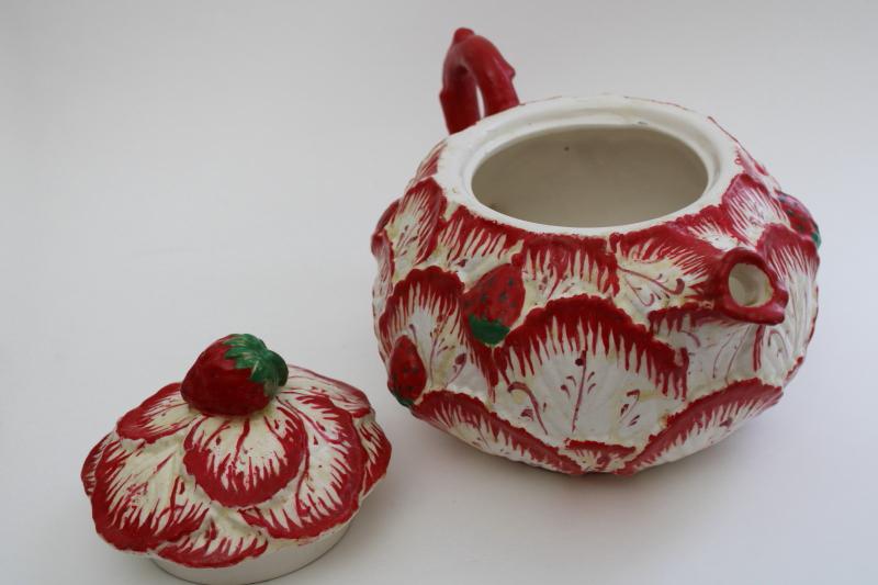 photo of shabby vintage cottage majolica style teapot, strawberry leaf hand painted Portugal pottery #4