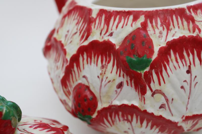photo of shabby vintage cottage majolica style teapot, strawberry leaf hand painted Portugal pottery #5