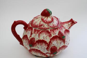 catalog photo of shabby vintage cottage majolica style teapot, strawberry leaf hand painted Portugal pottery