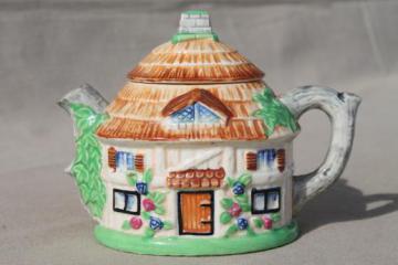 catalog photo of shabby vintage cottageware teapot, English thatched cottage tea pot Made in Japan