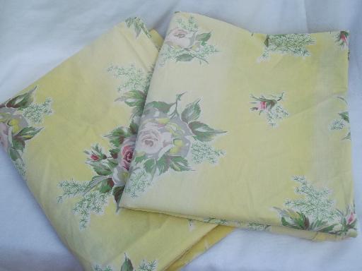 photo of shabby vintage cotton floral print fabric, old pink roses on pale yellow #1