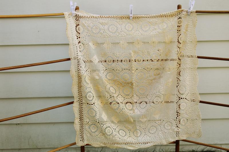 photo of shabby vintage crochet lace, square card table cloth very stained cutter lace fabric #1