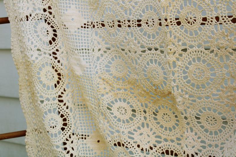 photo of shabby vintage crochet lace, square card table cloth very stained cutter lace fabric #2