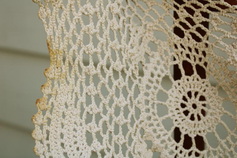 photo of shabby vintage crochet lace, square card table cloth very stained cutter lace fabric #5