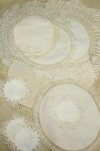 photo of shabby vintage doily lot, lace trimmed linen table mats & centerpieces w/ crochet edgings #1