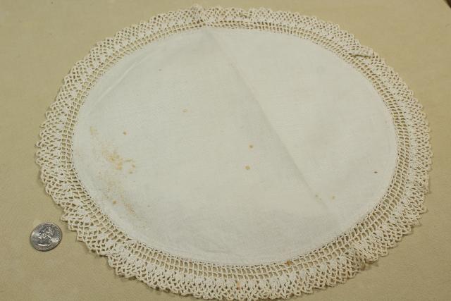 photo of shabby vintage doily lot, lace trimmed linen table mats & centerpieces w/ crochet edgings #6