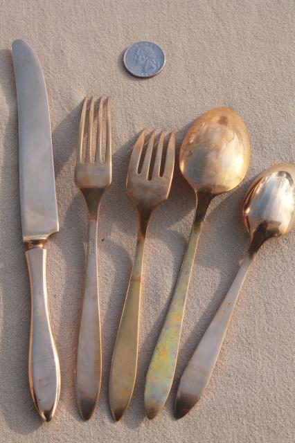 photo of shabby vintage gold flatware w/ J monogram letter, Dirilyte Regal silverware estate lot #4