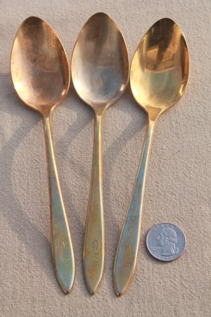 photo of shabby vintage gold flatware w/ J monogram letter, Dirilyte Regal silverware estate lot #6