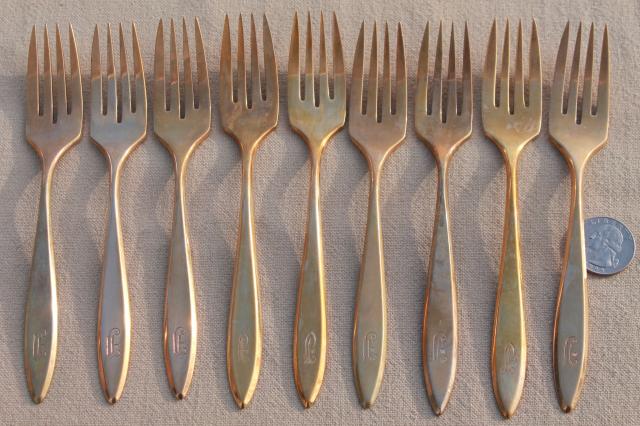 photo of shabby vintage gold flatware w/ J monogram letter, Dirilyte Regal silverware estate lot #9