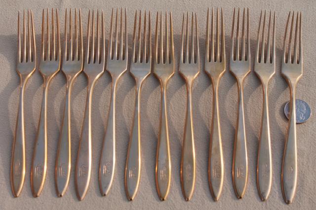 photo of shabby vintage gold flatware w/ J monogram letter, Dirilyte Regal silverware estate lot #10