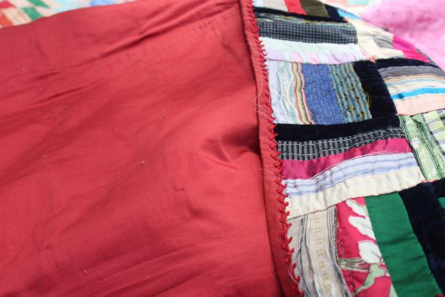 photo of shabby vintage hand stitched crazy quilts, velvet ribbon stripes & satin postage stamp blocks #5