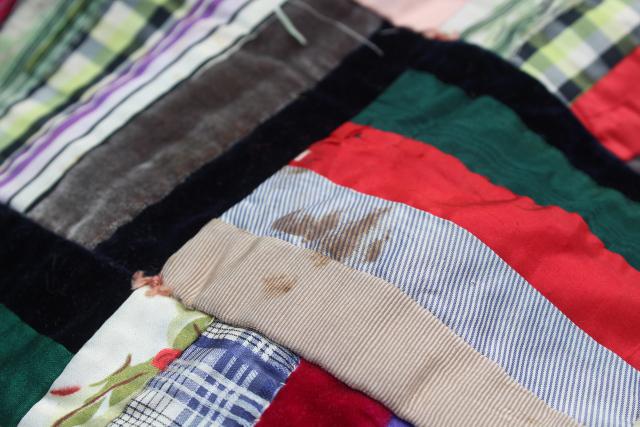 photo of shabby vintage hand stitched crazy quilts, velvet ribbon stripes & satin postage stamp blocks #7