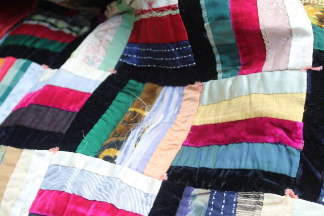 photo of shabby vintage hand stitched crazy quilts, velvet ribbon stripes & satin postage stamp blocks #9