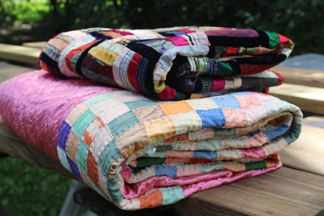 photo of shabby vintage hand stitched crazy quilts, velvet ribbon stripes & satin postage stamp blocks #10