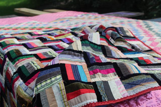 photo of shabby vintage hand stitched crazy quilts, velvet ribbon stripes & satin postage stamp blocks #12