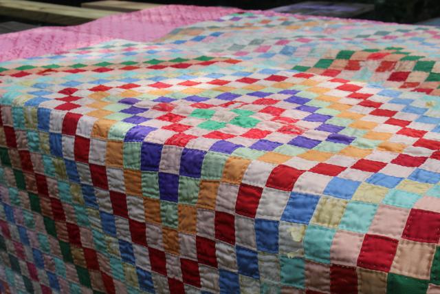 photo of shabby vintage hand stitched crazy quilts, velvet ribbon stripes & satin postage stamp blocks #13