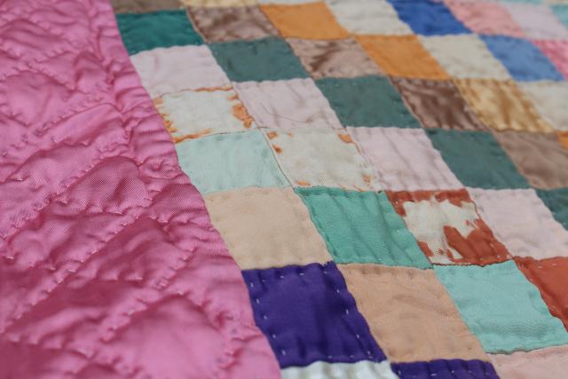 photo of shabby vintage hand stitched crazy quilts, velvet ribbon stripes & satin postage stamp blocks #16