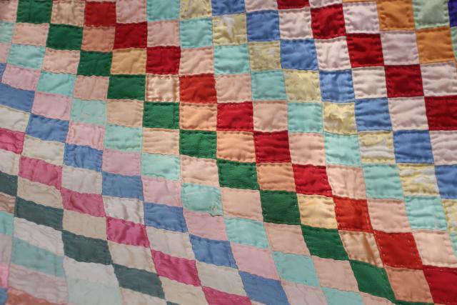 photo of shabby vintage hand stitched crazy quilts, velvet ribbon stripes & satin postage stamp blocks #17