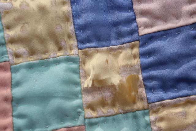 photo of shabby vintage hand stitched crazy quilts, velvet ribbon stripes & satin postage stamp blocks #18