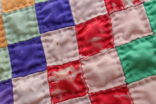 photo of shabby vintage hand stitched crazy quilts, velvet ribbon stripes & satin postage stamp blocks #19