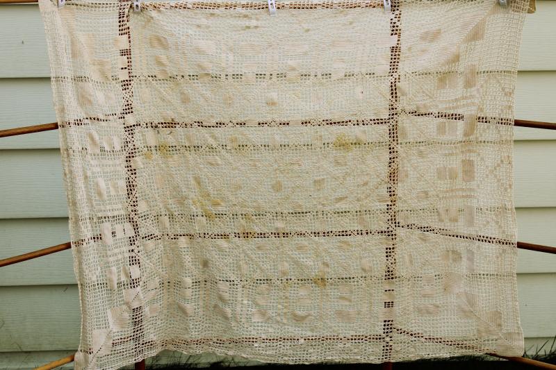 photo of shabby vintage handmade crochet lace tablecloth w/ art deco square motifs #1