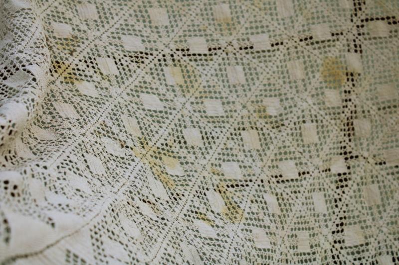 photo of shabby vintage handmade crochet lace tablecloth w/ art deco square motifs #3