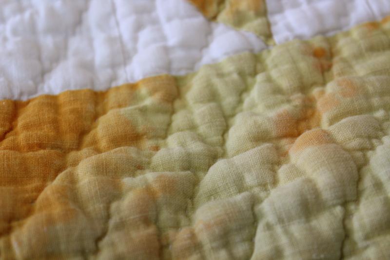 photo of shabby vintage hand-stitched bear paw pattern quilt, mustard gold & white cotton #2
