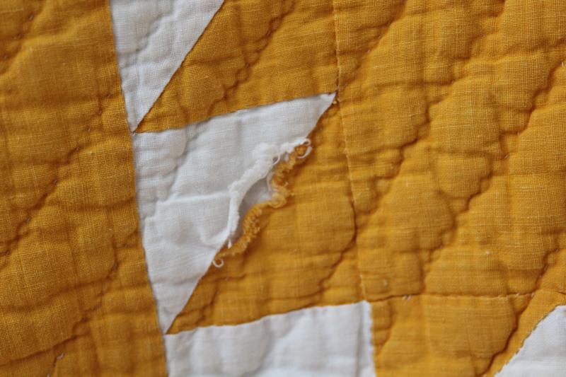 photo of shabby vintage hand-stitched bear paw pattern quilt, mustard gold & white cotton #5