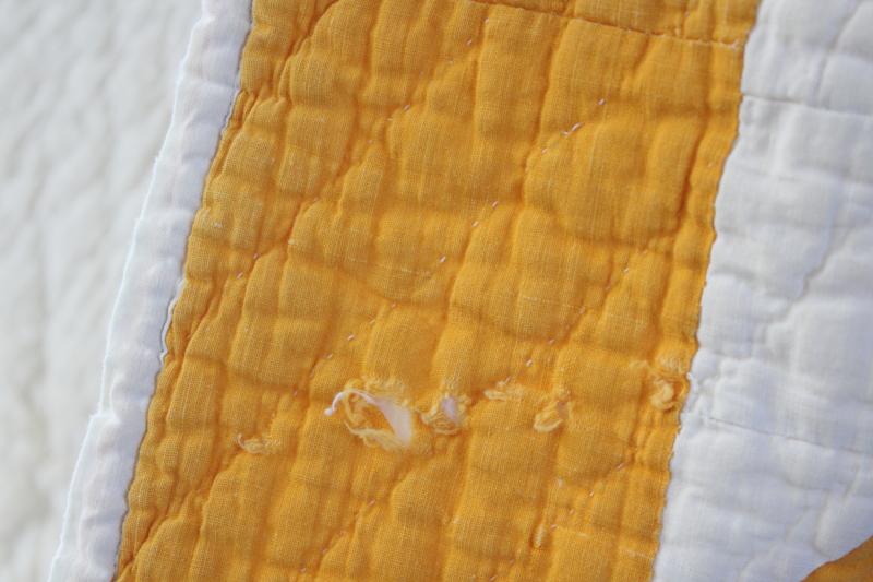 photo of shabby vintage hand-stitched bear paw pattern quilt, mustard gold & white cotton #7