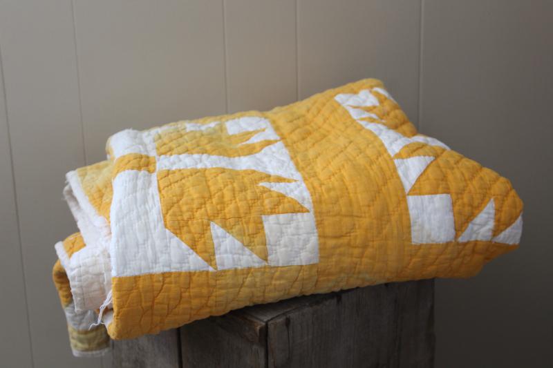photo of shabby vintage hand-stitched bear paw pattern quilt, mustard gold & white cotton #13