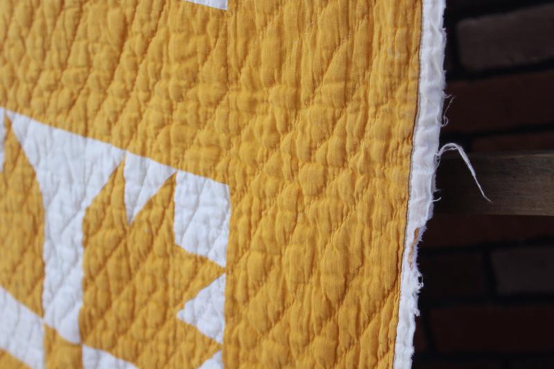 photo of shabby vintage hand-stitched bear paw pattern quilt, mustard gold & white cotton #20