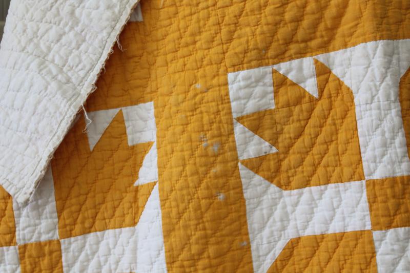 photo of shabby vintage hand-stitched bear paw pattern quilt, mustard gold & white cotton #22