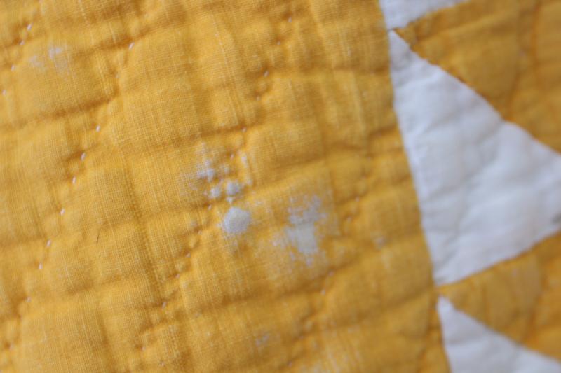 photo of shabby vintage hand-stitched bear paw pattern quilt, mustard gold & white cotton #23