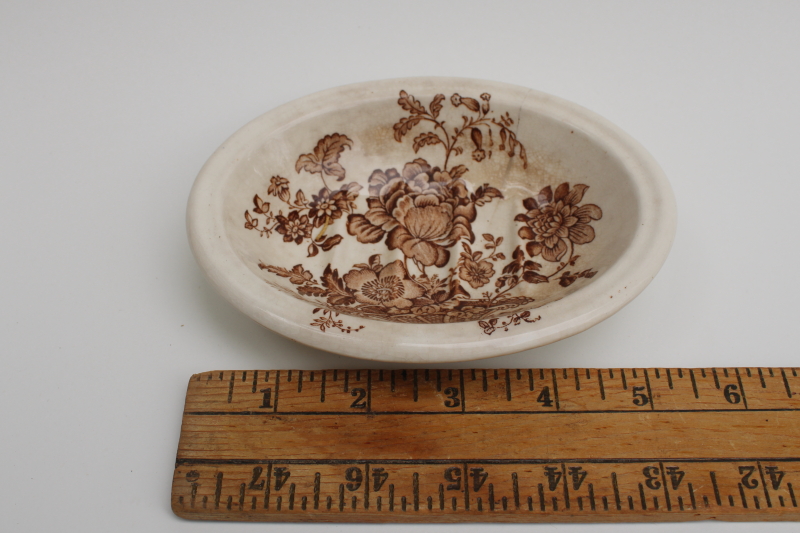 photo of shabby vintage ironstone soap dish, Charlotte floral brown transferware china #1