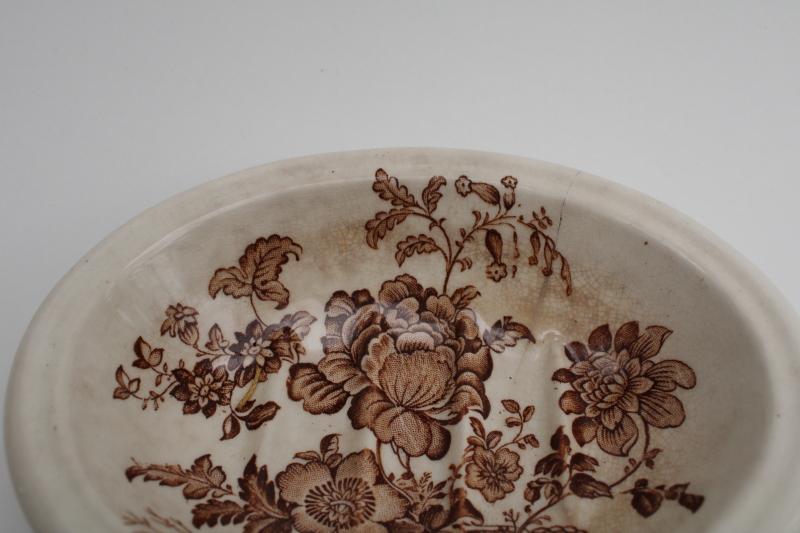 photo of shabby vintage ironstone soap dish, Charlotte floral brown transferware china #2