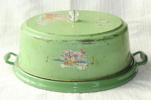photo of shabby vintage metal cake cover dome w/ jadite green & white enamelware tray plate, 1920s  #1