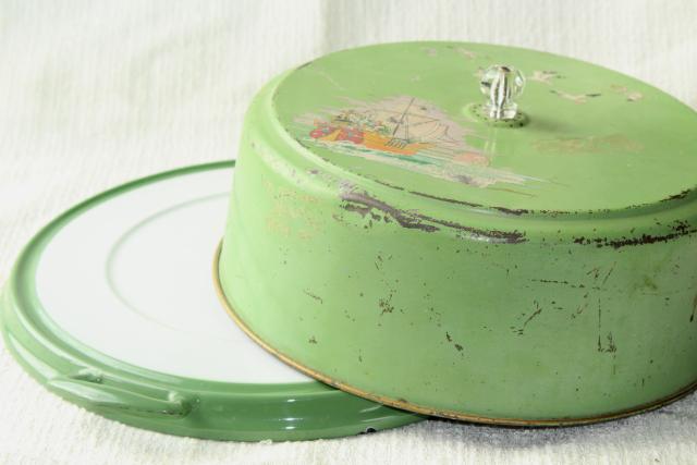 photo of shabby vintage metal cake cover dome w/ jadite green & white enamelware tray plate, 1920s  #2
