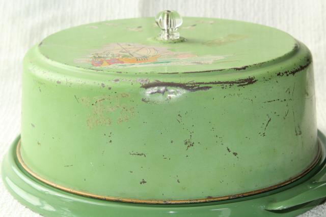 photo of shabby vintage metal cake cover dome w/ jadite green & white enamelware tray plate, 1920s  #4