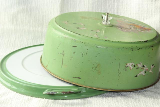 photo of shabby vintage metal cake cover dome w/ jadite green & white enamelware tray plate, 1920s  #5